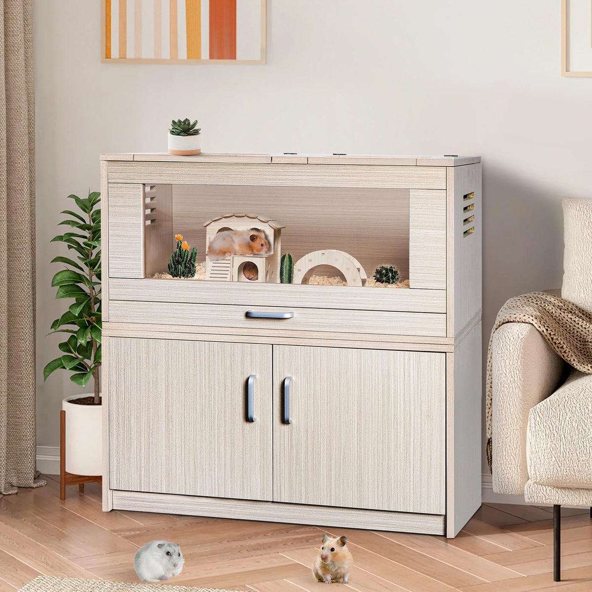Segmart Hamster Cage Large Size, Deluxe Wooden Storage Cabinet Small Animal Cage for Rat Gerbil Guinea Pig Hamster, Openable Top, Front Door, Storage Shelf, Beige