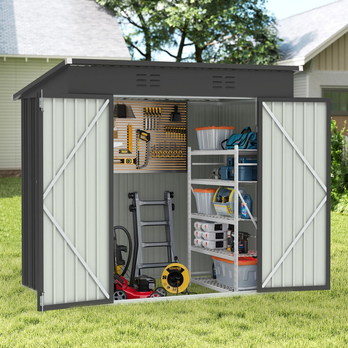 Segmart Outdoor Storage Shed, 6x4FT Galvanized Steel Metal Bike Shed with Lockable Door, Waterproof Outdoor Garden Storage Tools Shed with Apex Roof, for Garden, Backyard, Gray