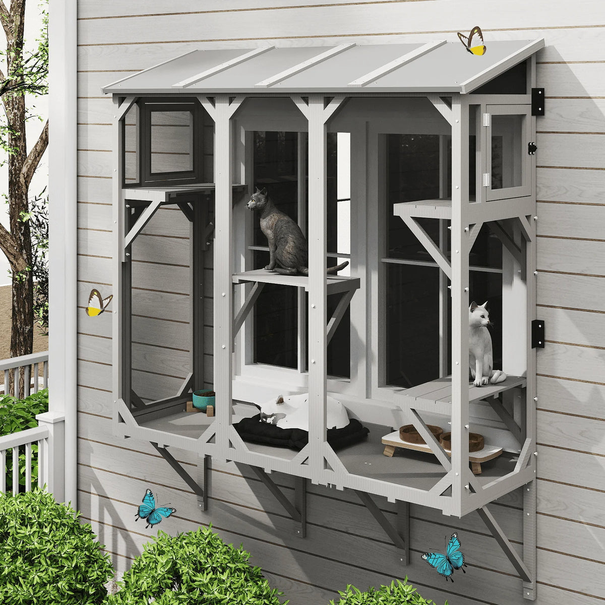PETSCOSSET Cat Catio, Expandable Window Box Enclosure for Multiple Indoor Cats, Comfortable Wooden Small Pet Perch House