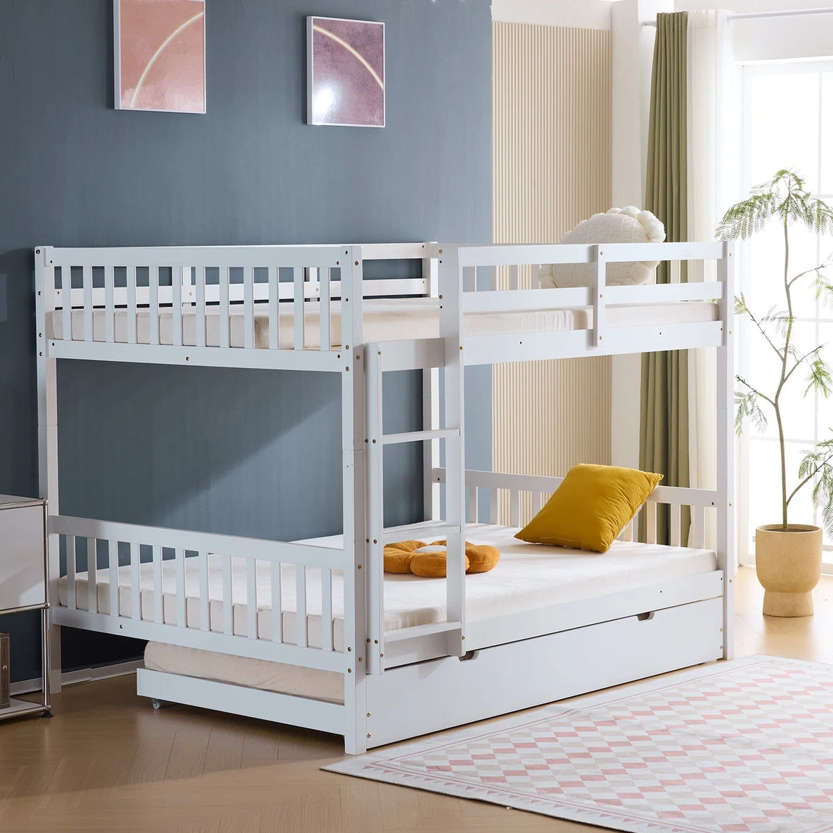 Ktaxon Wood Full over Full Bunk Bed with Trundle for Kids & Adults Bedroom, White