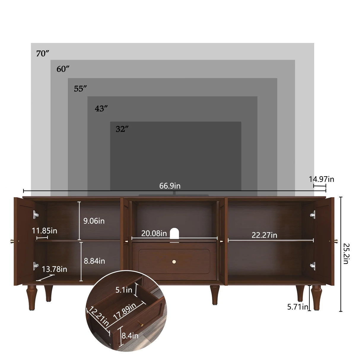 CBJCBJ 67" Mid-Century Modern TV Stand with Storage Doors & Drawers | Adjustable Shelves for 75" TVs | Living Room & Bedroom Media Console(BROWN)