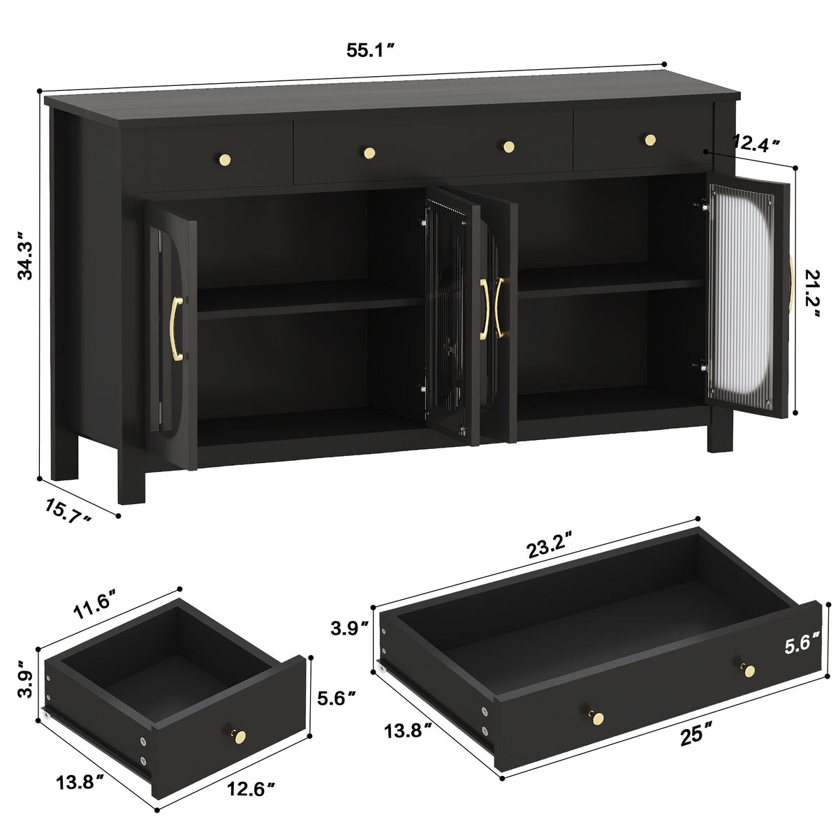 55" Sideboard Buffet Cabinet with Storage, Buffet Table with 3 Drawers and 4 Glass Doors, Kitchen Coffee Bar Cabinet with Adjustable Shelves for Dining Room, Living Room