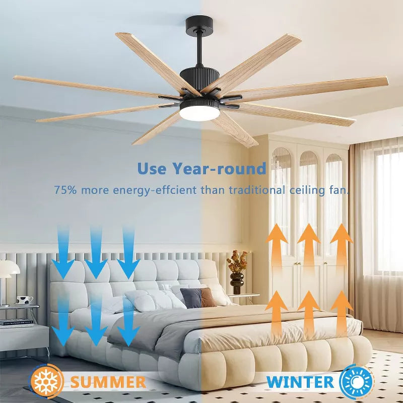 BestParts 76-Inch Smart Ceiling Fan with Dimmable Tri-Color LED Control, DC Motor, 6 Speeds, Solid Wood Blades