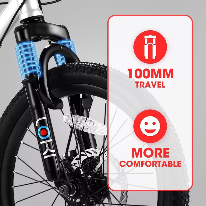 BestParts 20 Inch Kids Mountain Bike, 7-Speed Bicycle with Front Suspension, Disc & V Brake, for Teens Age 8–12, White Steel Frame