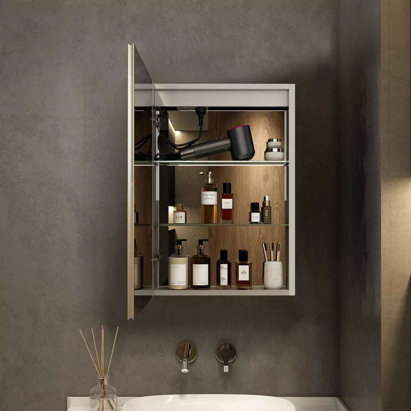 HBEZON LED Medicine Cabinet with Mirrors and Lights, Recess/Wall Mount Bathroom Cabinet, 3 Mode Light, Dimmable, Anti Fog, Time Temp, Outlet, Silver