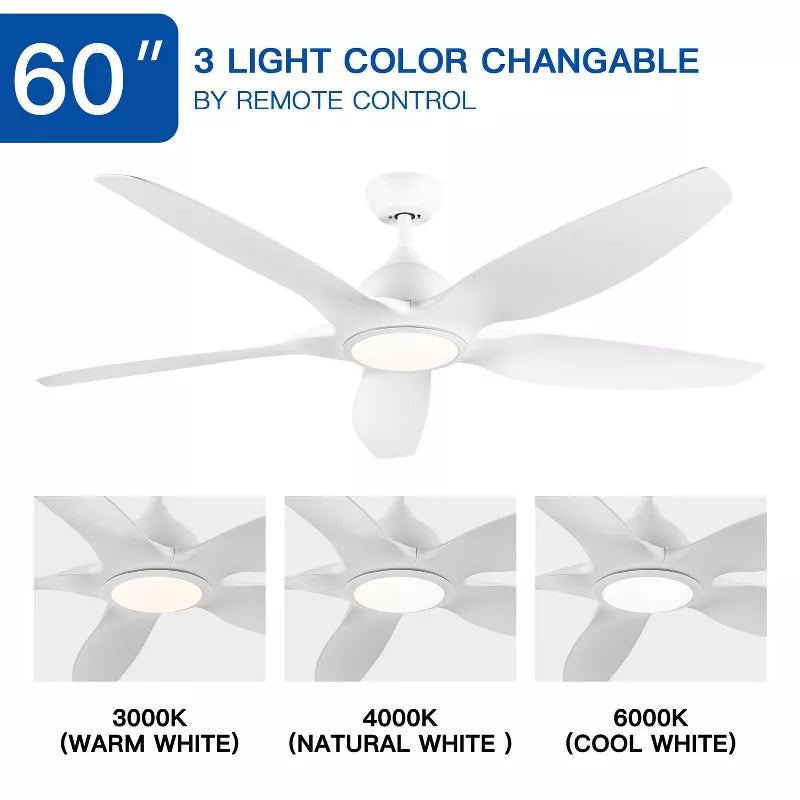 BestParts 60 Ceiling Fan with Integrated LED 6 Speeds, 3 Color Temperatures, White