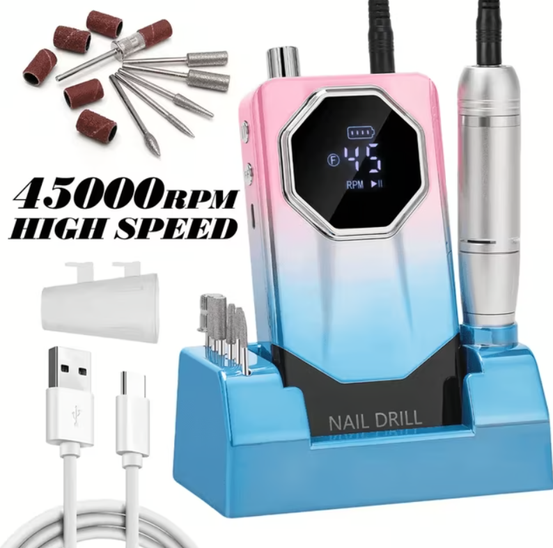 FETERVIC Professional Nail Drill Kit 45000 RPM, Rechargeable Electric Nail File , Cordless E File Machine with LCD Display 24 Drill Bits for Acrylic, Gel Nails Cuticle Care