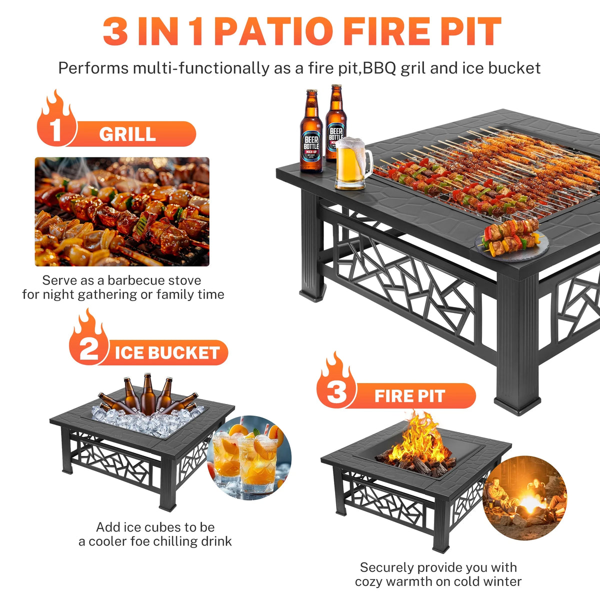 Segmart Fire Pit for Outside, 32" Outdoor Wood Burning Firepit with Fireplace Screen, Patio Fireplace Square Metal Stove for Camping, Outdoor Heating, Bonfire and Picnic, Black