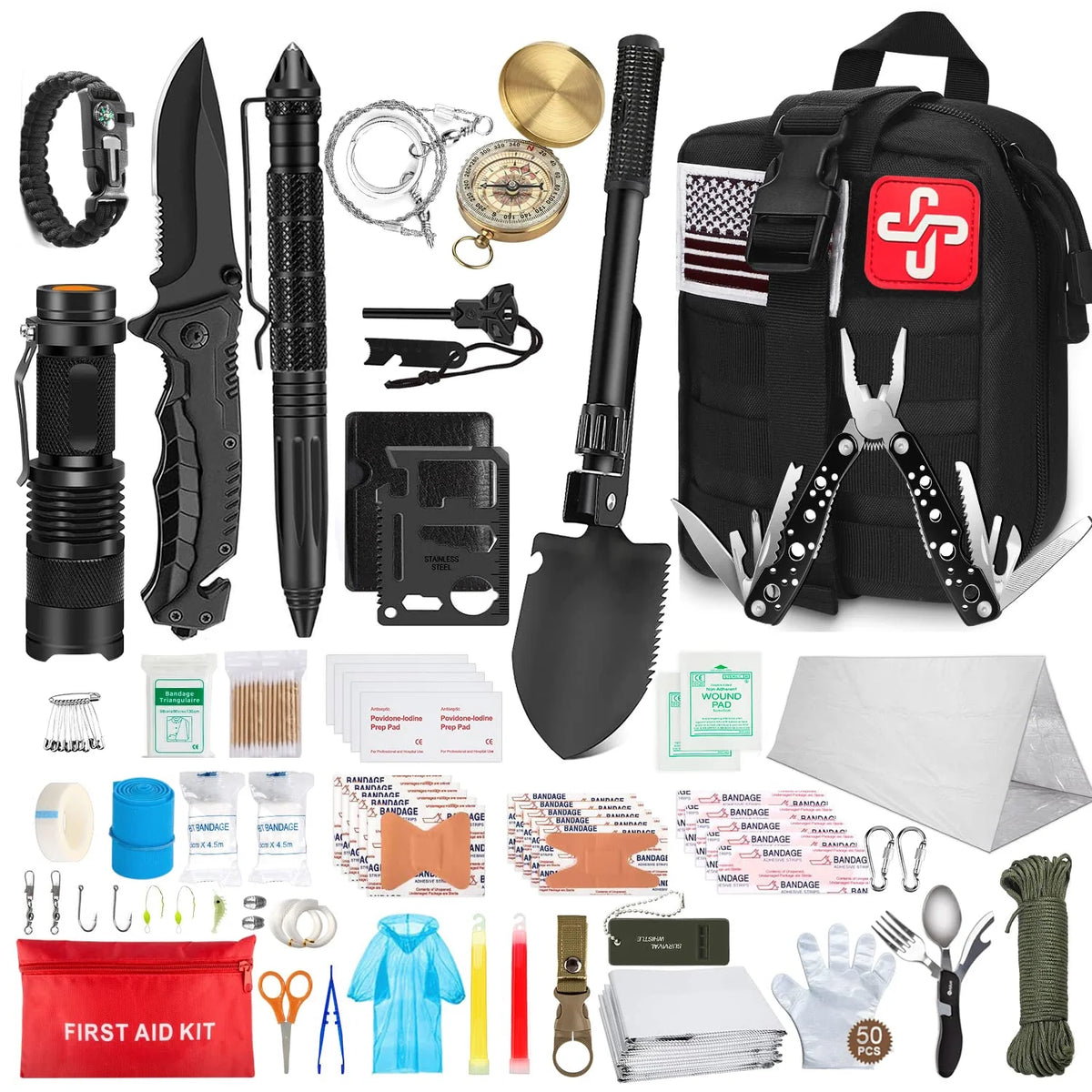 238Pcs Emergency Survival Kit and First Aid Kit, Professional Survival Gear Tool with Tactical Molle Pouch and Emergency Tent for Earthquake, Outdoor Adventure, Camping, Hiking, Hunting
