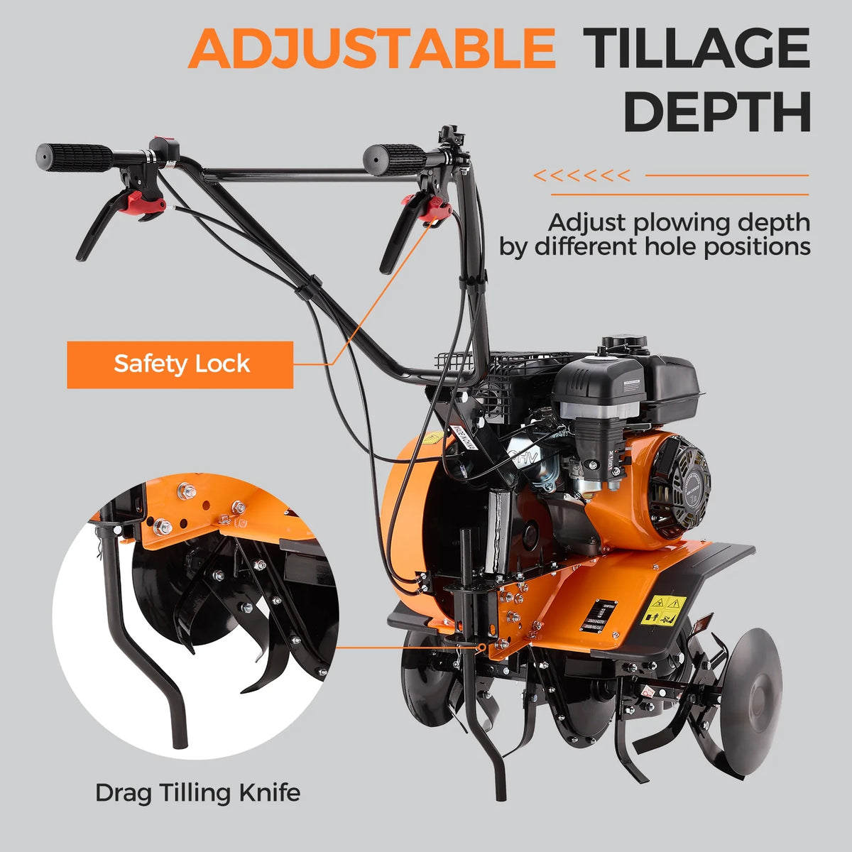 Efurden Gas Tiller Cultivator, 7HP 212cc Gas Powered Engine Tiller Cultivator for Garden Lawn Soil Cultivation, Weeding Digging