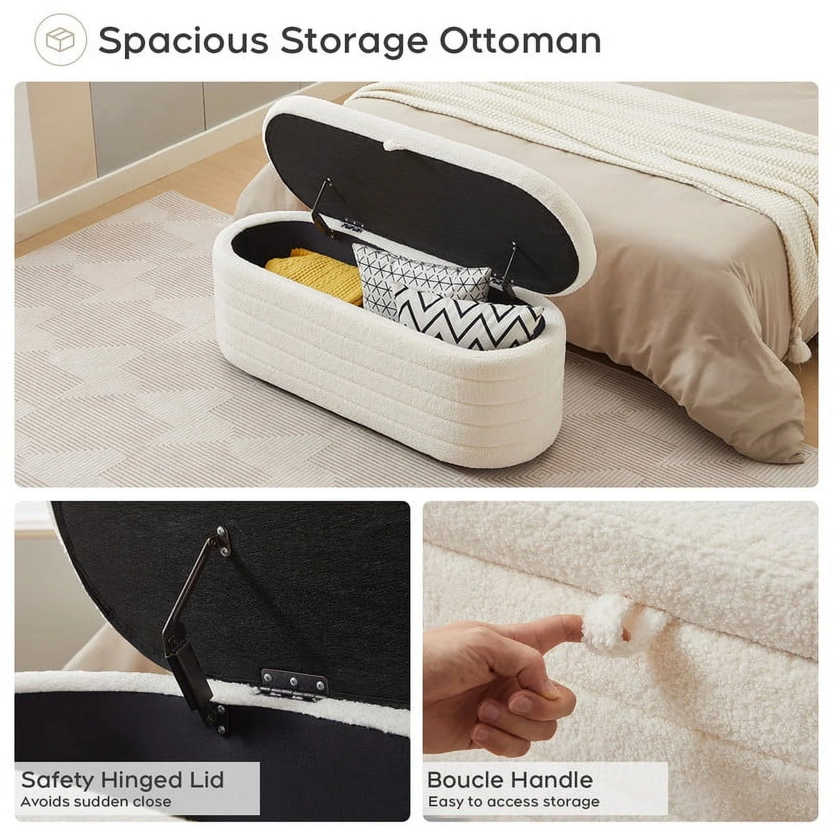 Othniel 45x16.5 Inch White Teddy Storage Ottoman Bench,Oval Footrest with Anti-Slip Legs