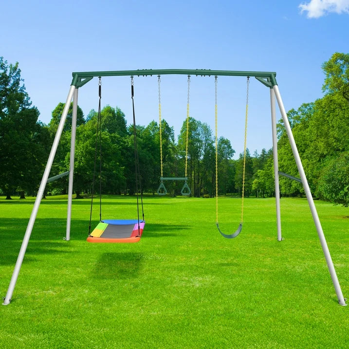 KloKick Heavy Duty Metal Swing Set for Kids Adults, 600lb Capacity, Includes Trapeze Bar, Belt Swing Platform Swing for Outdoor Fun