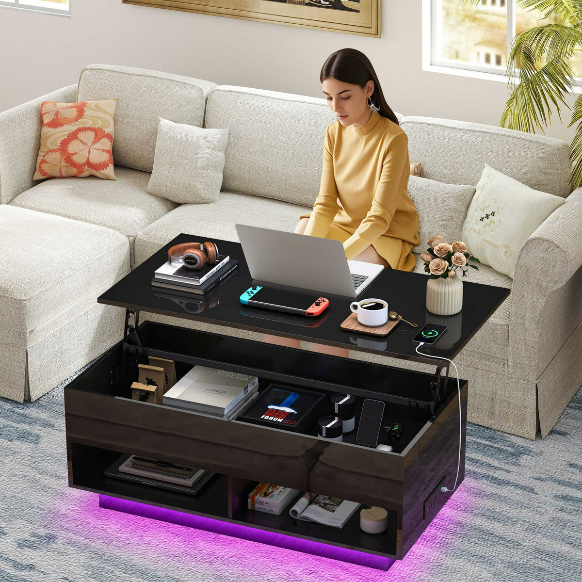 Sesslife Black LED Coffee Table for Living Room, Modern Lift Top Coffee Table with Hidden Storage and Rising Top, Wood Rectangular High Gloss Sofa Side Tea Tables with Charging Station