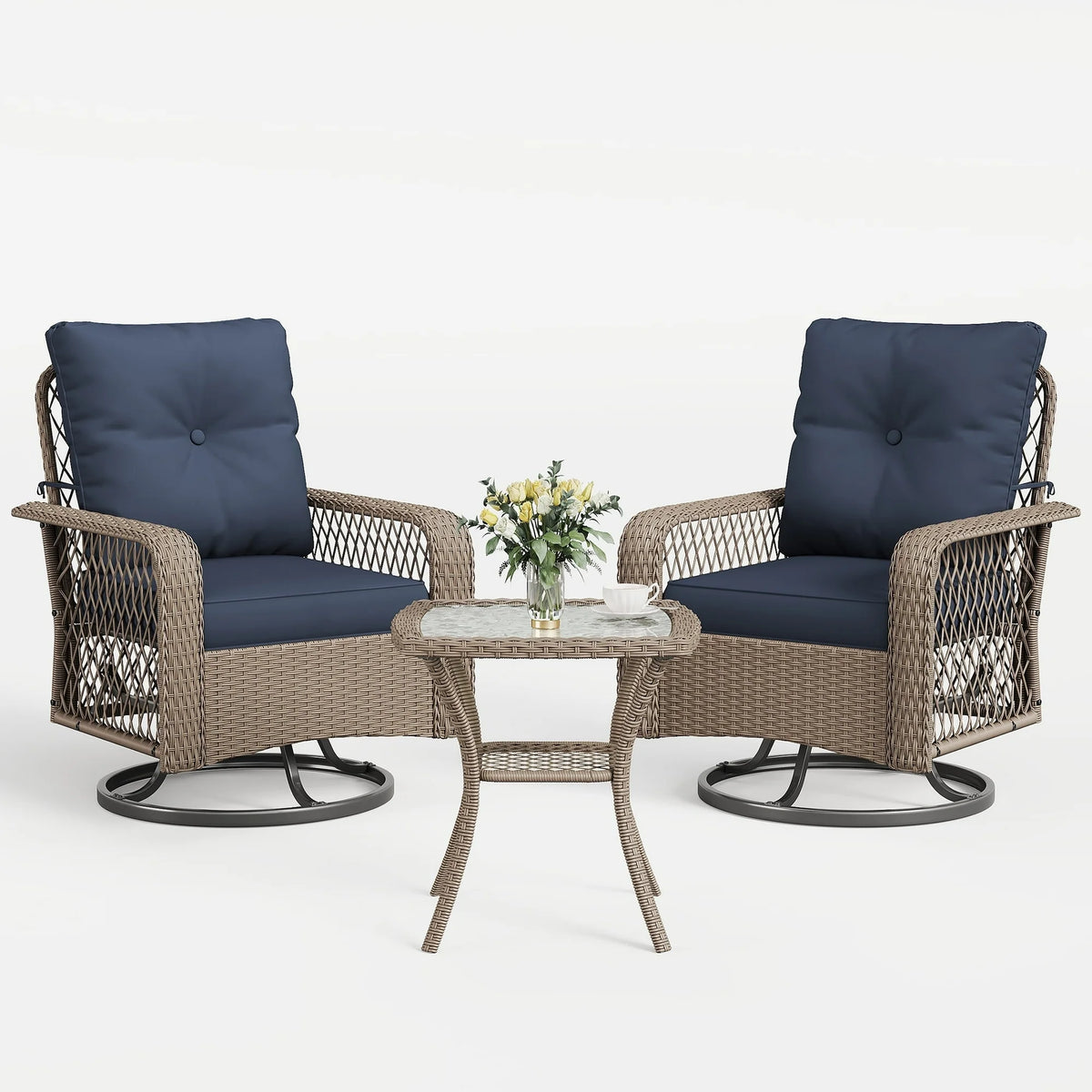UDPATIO 3 Pieces Patio Furniture Set, Outdoor Swivel Gliders Rocker, Wicker Patio Bistro Set with Rattan Rocking Chair, Glass Top Side Table and Thickened Cushions for Porch Deck Backyard (Blue)