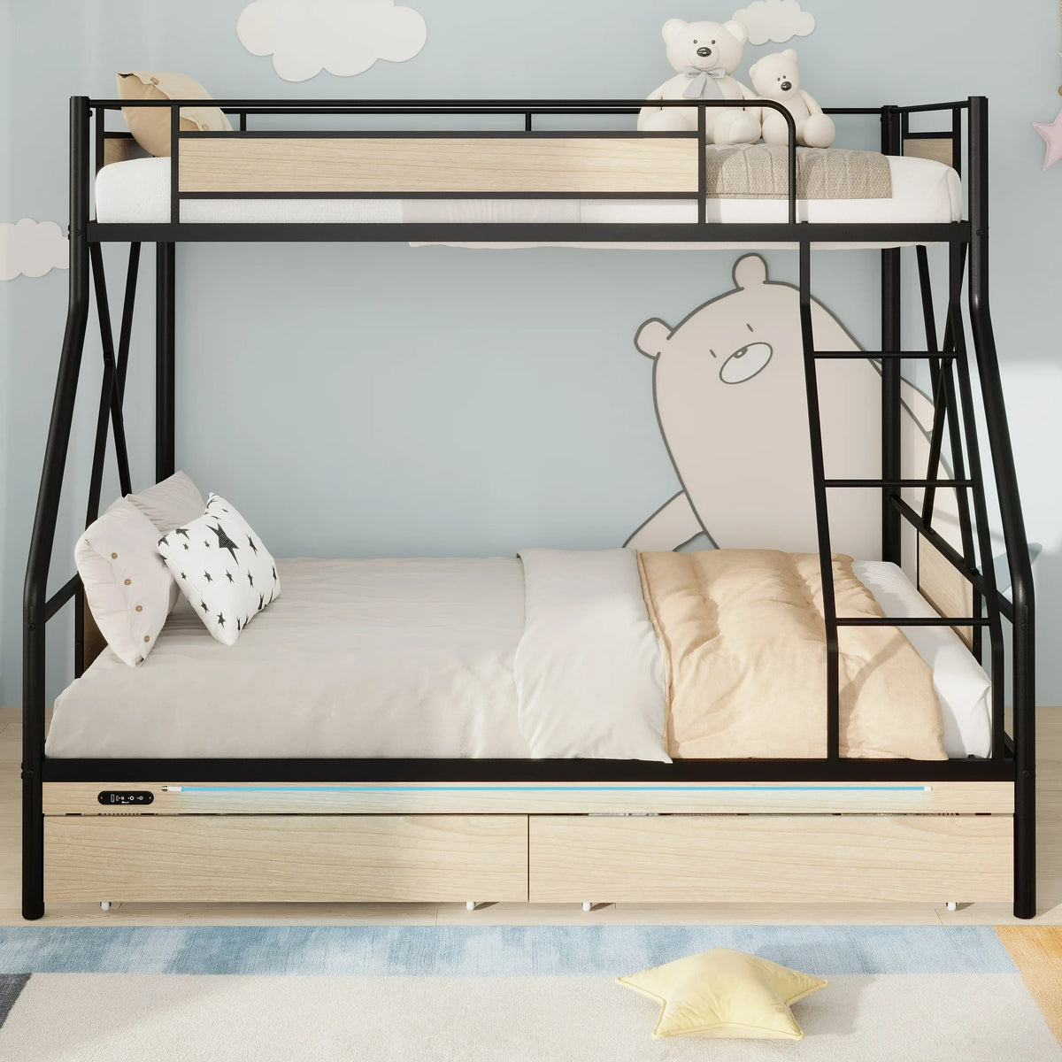 Twin Over Full Bunk Bed with Storage, Heavy Duty Metal Bunk Beds with LED Lights for Kids, Space Saving Bunk Beds with 2 Drawers, l, Modern Kids Room Furniture, Black