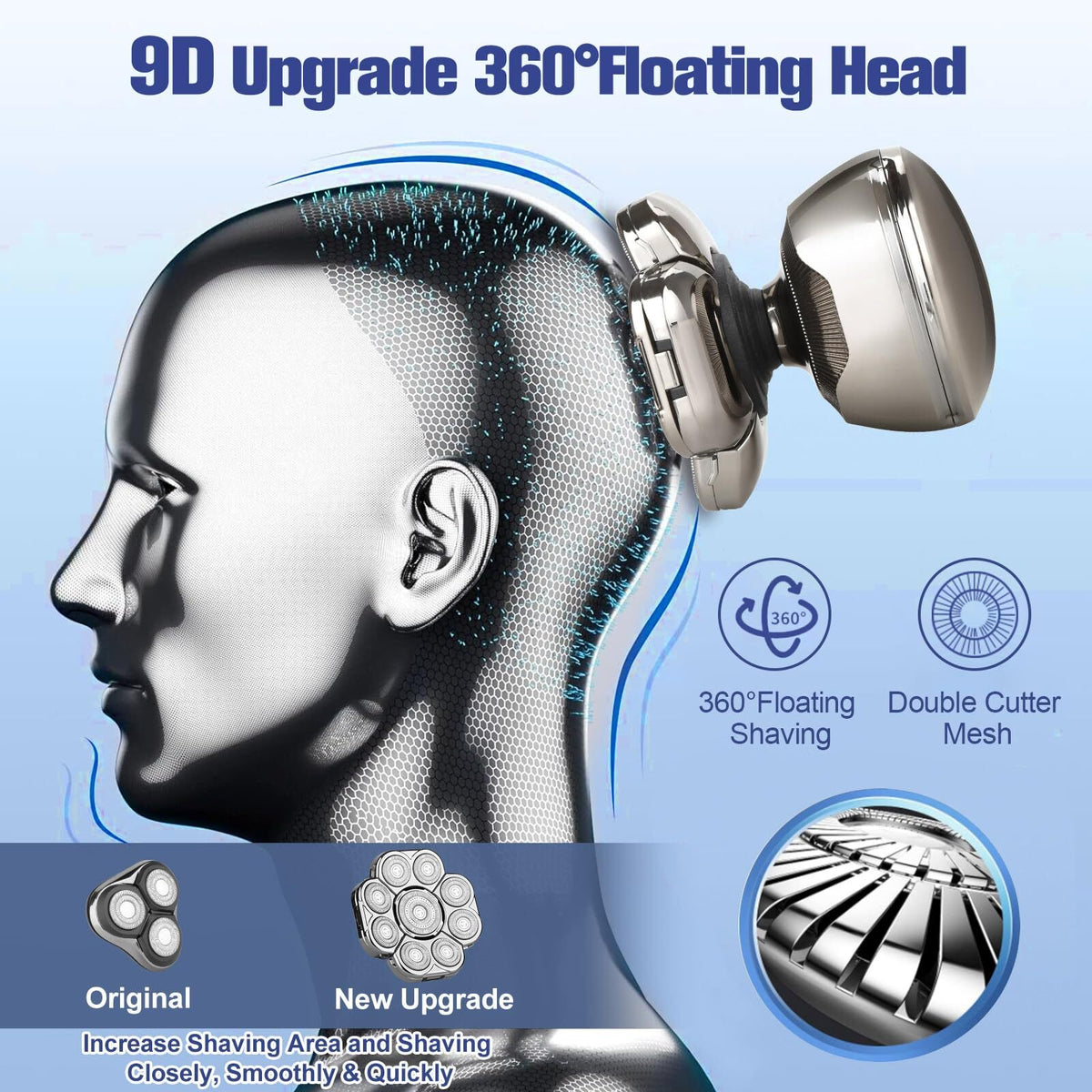 9D Head Shavers for Bald Men, 6 in 1 Magnetic Electric Razor with Grooming Kit, Rechargeable, Wet/Dry, LED Display, IPX8 Waterproof
