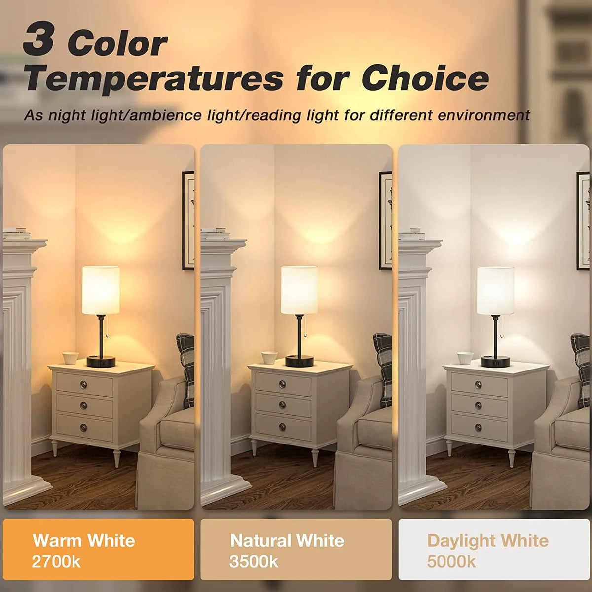 CAALOGT Table Lamp with USB Ports, AC Outlet, 3 Color Temperatures, 14.6 inch Bedroom Lamp