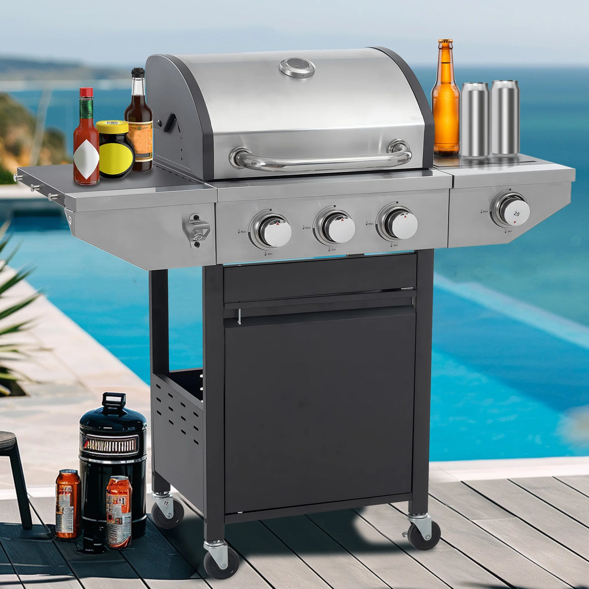 Seizeen Powerful Gas Grill with Side Burner, 37,000BTU 3 Burner Propane Grill w/Brush, Stainless Steel Outdoor BBQ for Backyard Patio