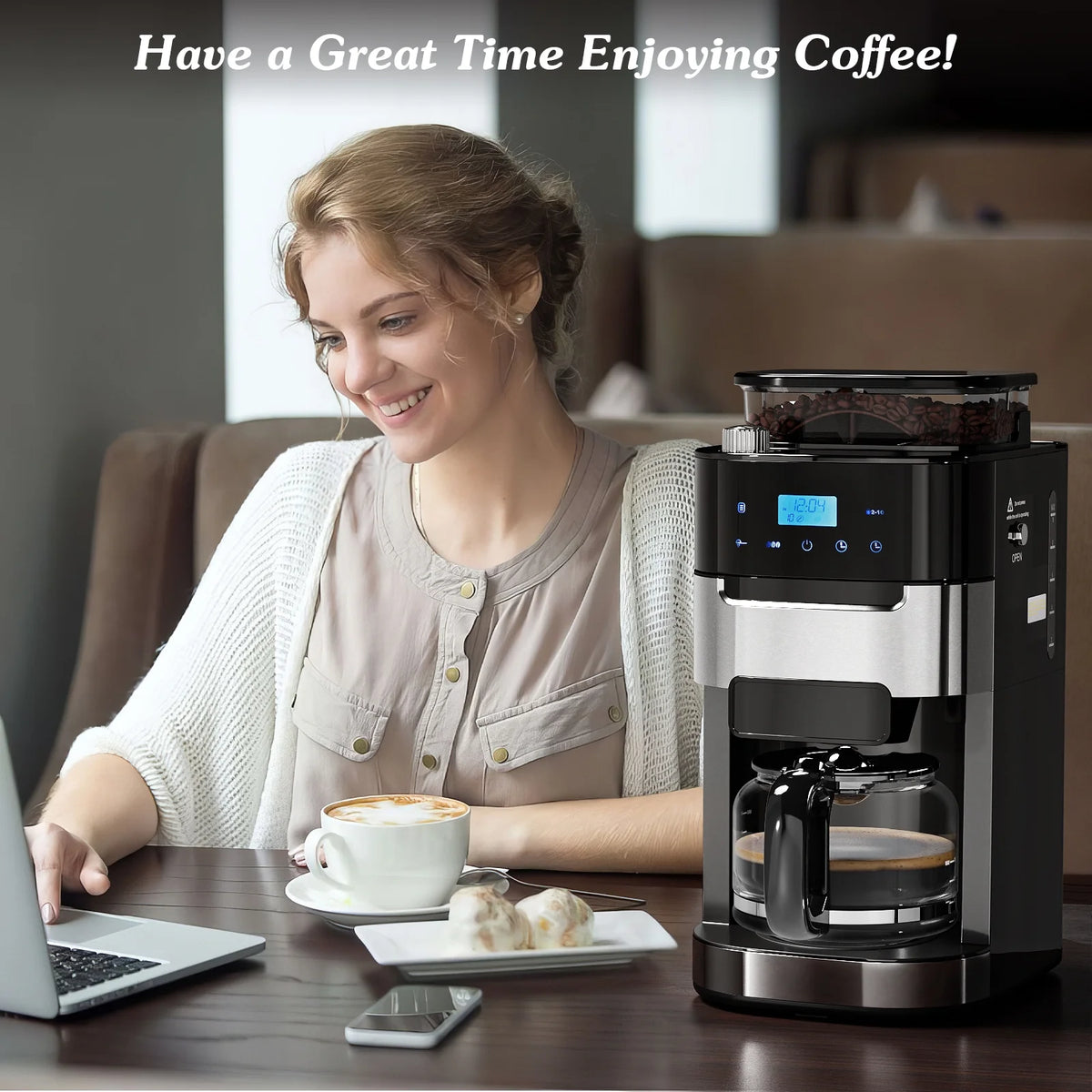 Auseo 10-Cup Drip Coffee Maker with Grinder, Automatic Brew, 3 Brew Strength Options, Warming Plate, Touch Screen, 1.5L Water Tank, Black
