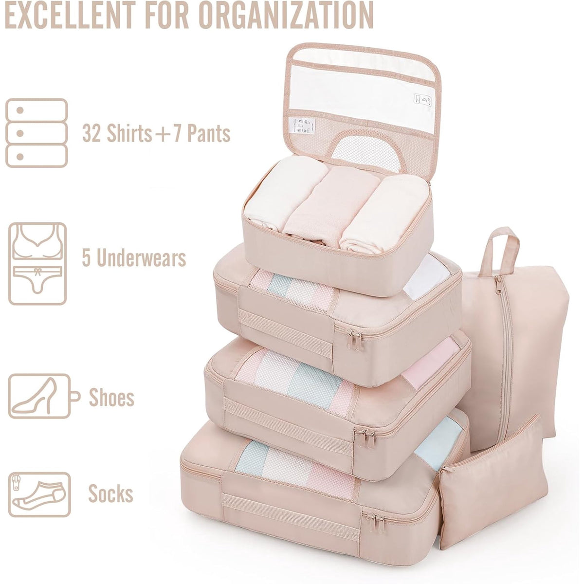 OKAKA 7 Set Packing Cubes Luggage Organizer Bags Lightweight Breathable for Travel Accessories,Beige