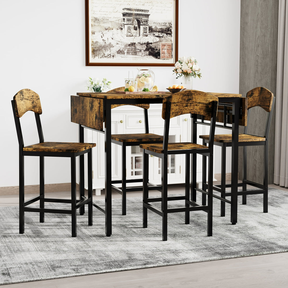 PAPROOS 5-Piece Counter Height Dining Table and Chairs Set, Brown Finish Drop Leaf Dinner Table and 4 Chairs Set for Kitchen Dining Room Breakfast Nook, Farmhouse Dining Table Set with Black Frame