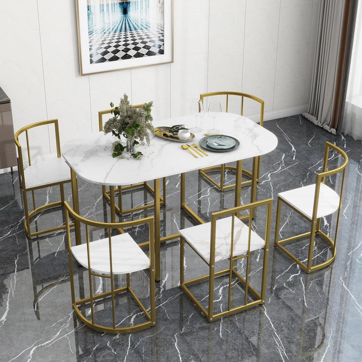 Paproos Dining Table Set for 6, 7 Piece Faux Marble Dining Room Table and Chairs Set, Compact Kitchen Table Set, Faux Marble Tabletop & Metal Frame, Modern Dinette Set for Breakfast Nook, White&Gold
