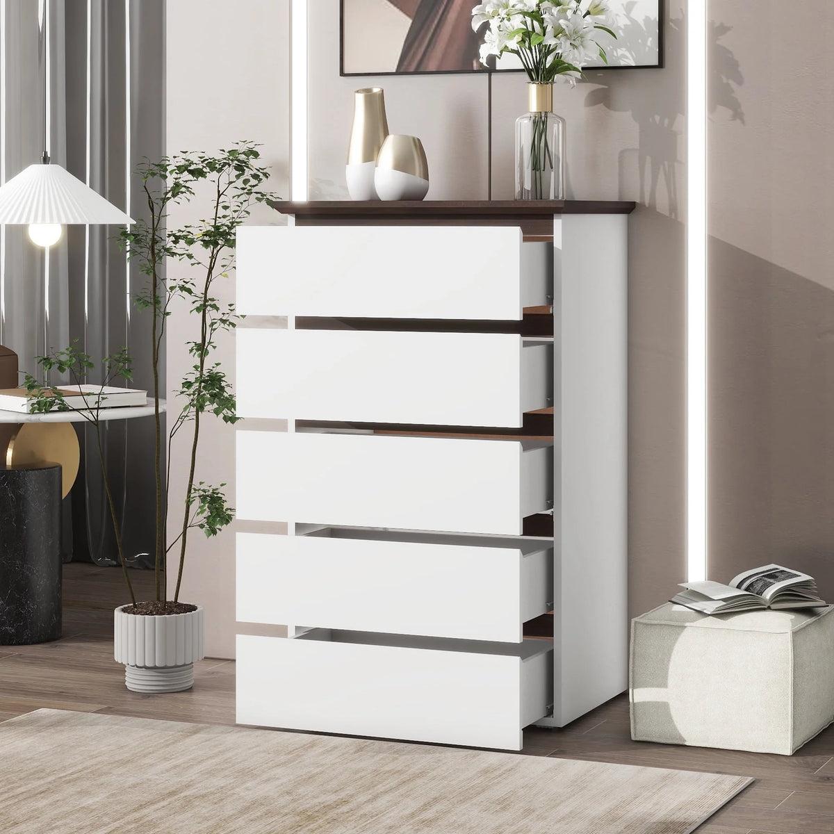 Prilinex 5 Drawer White Dressers for Bedroom Tall Wooden Chest of Drawers for Living Room Hallway 16"D x 24"W x 39"H