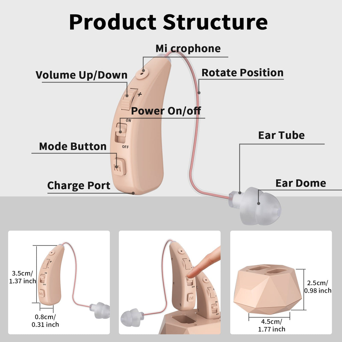ELCTRTICI Hearing Aid for Seniors, Rechargeable Hearing Aid with Charging Dock, Single(Beige)