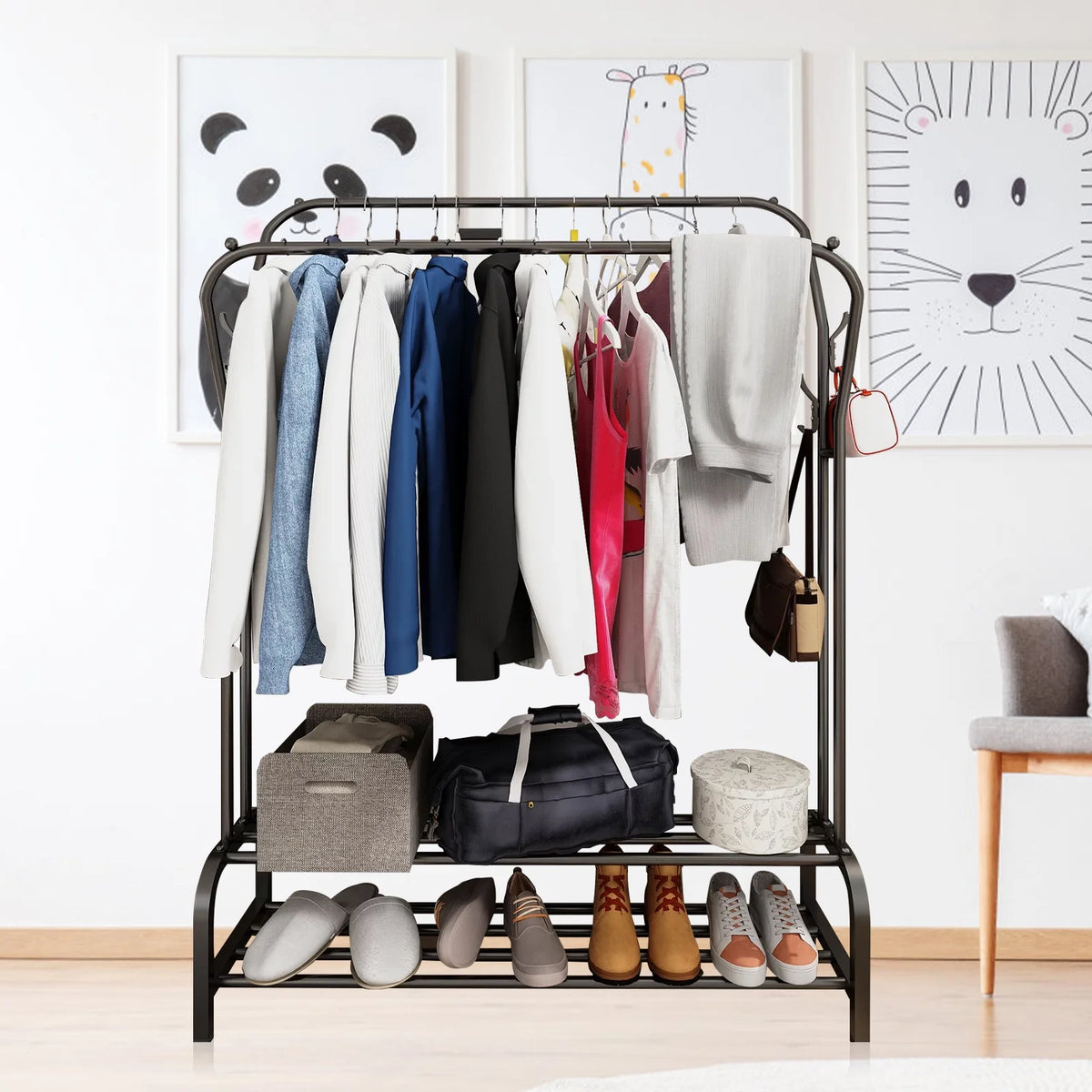 Heavy Duty Clothing Garment Rack, Freestanding Hanger Double Rail Clothing Rack Multi-functional Bedroom Wardrobe Clothes Organizer Stand Double layer 2 Shoe Shelves
