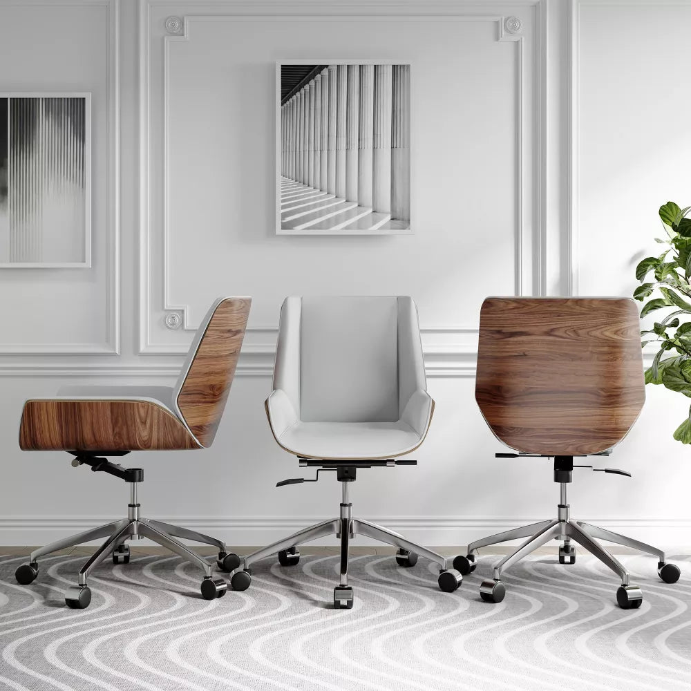 Tree City- Mid-Century Modern Swivel Office Chair with Walnut Bent Wood Back and Faux Leather Seat – Adjustable Height & Rolling Base