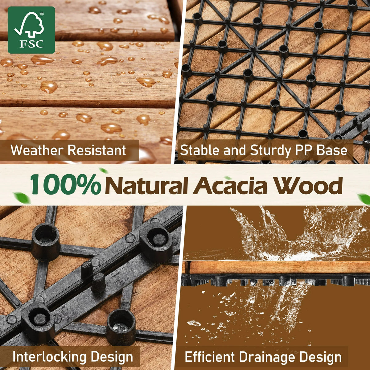 TrumanPick 12 PCS Deck Tiles Outdoor Waterproof Flooring Tiles for Backyard Garden Poolside, All Weather Use, Natural Wood- 24"L x 12"W