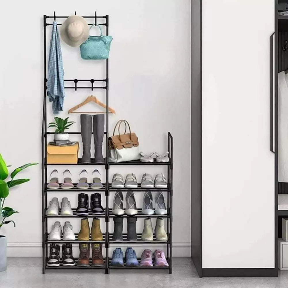 DOMETOUR Entryway Coat Rack with Shoe Storage Organizer, 5-Tier Shoe Rack Hall Tree Shoe Shelf for Bedroom, Hallway, Office