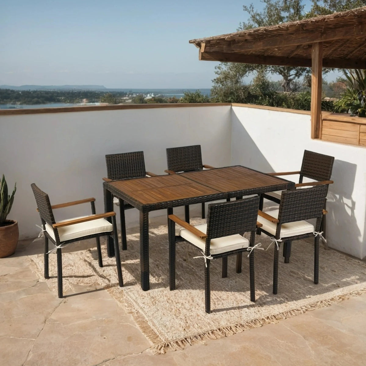 7 Piece Indoor Outdoor Wicker Dining Set Furniture, Patio Rattan Furniture Set with Wood Tabletop and Armrest Chairs, All-Weather Sectional Conversation Set with Cushions for Patio Backyard, Deck