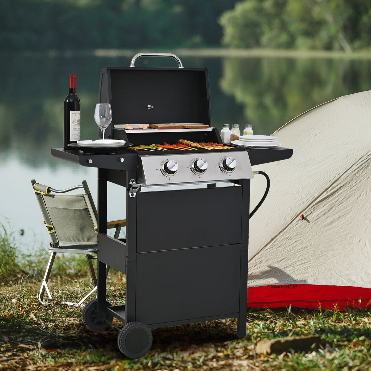 Seizeen 3-Burner Propane Gas Grill, 25,650 BTU Outdoor BBQ on Wheels, with Thermometer and Side Tables