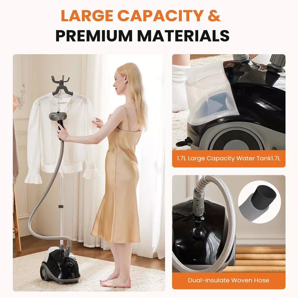 DOMETOUR Standing Garment Steamer 1500W Powerful Steamer for Clothes with Roll Wheels 1.7L Water Tank for 55 Min Continuous Steaming