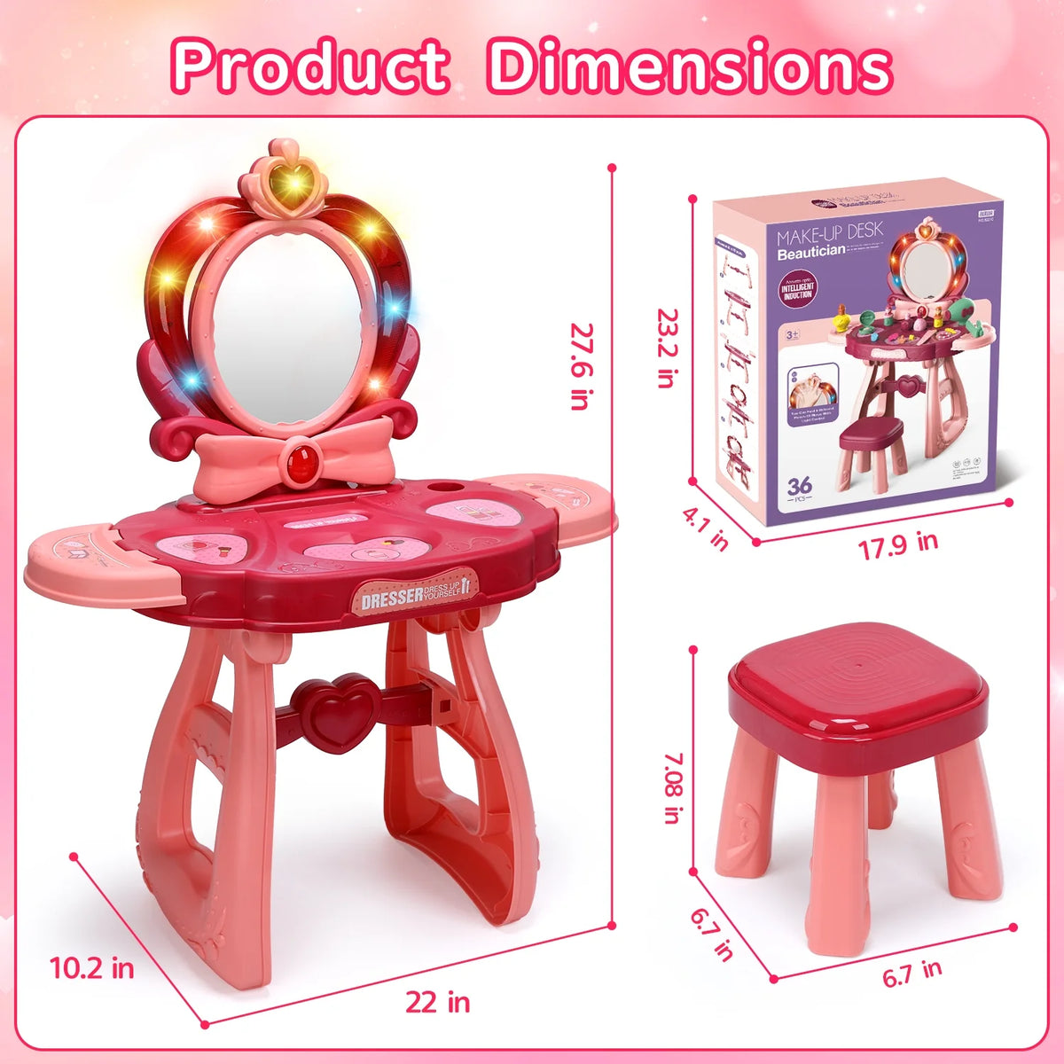 JoyStone Toddler Vanity Set, Pretend Princess Girls Vanity Table with Mirror, Cosmetics and Hair Dryer, Kids Vanity Table and Chair Set for 2 3 4 5 Year Old Girls (Pink)