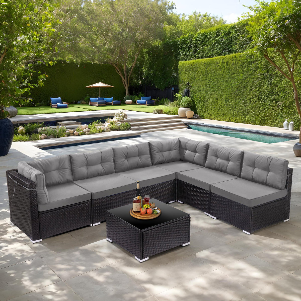 7 Piece Outdoor Patio Furniture Set, Modular Outdoor Sectional Sofa Set with Removable Cushions, PE Rattan Conversation Sets with Coffee Table, Gray