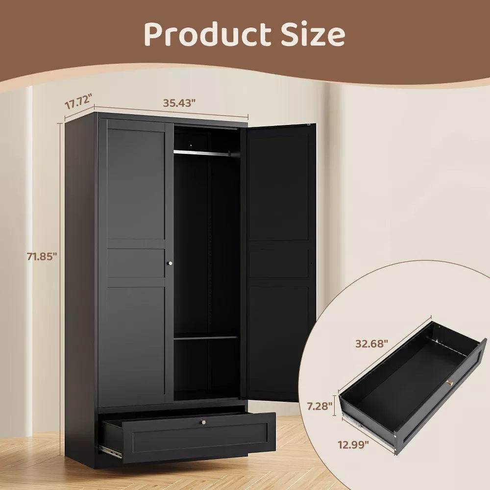 Mlezan 72" Wardrobe: Metal Armoire with Drawer, 2 Doors, Adjustable Shelves & Hanging Rod. Ideal for Bedroom Storage and Organization.