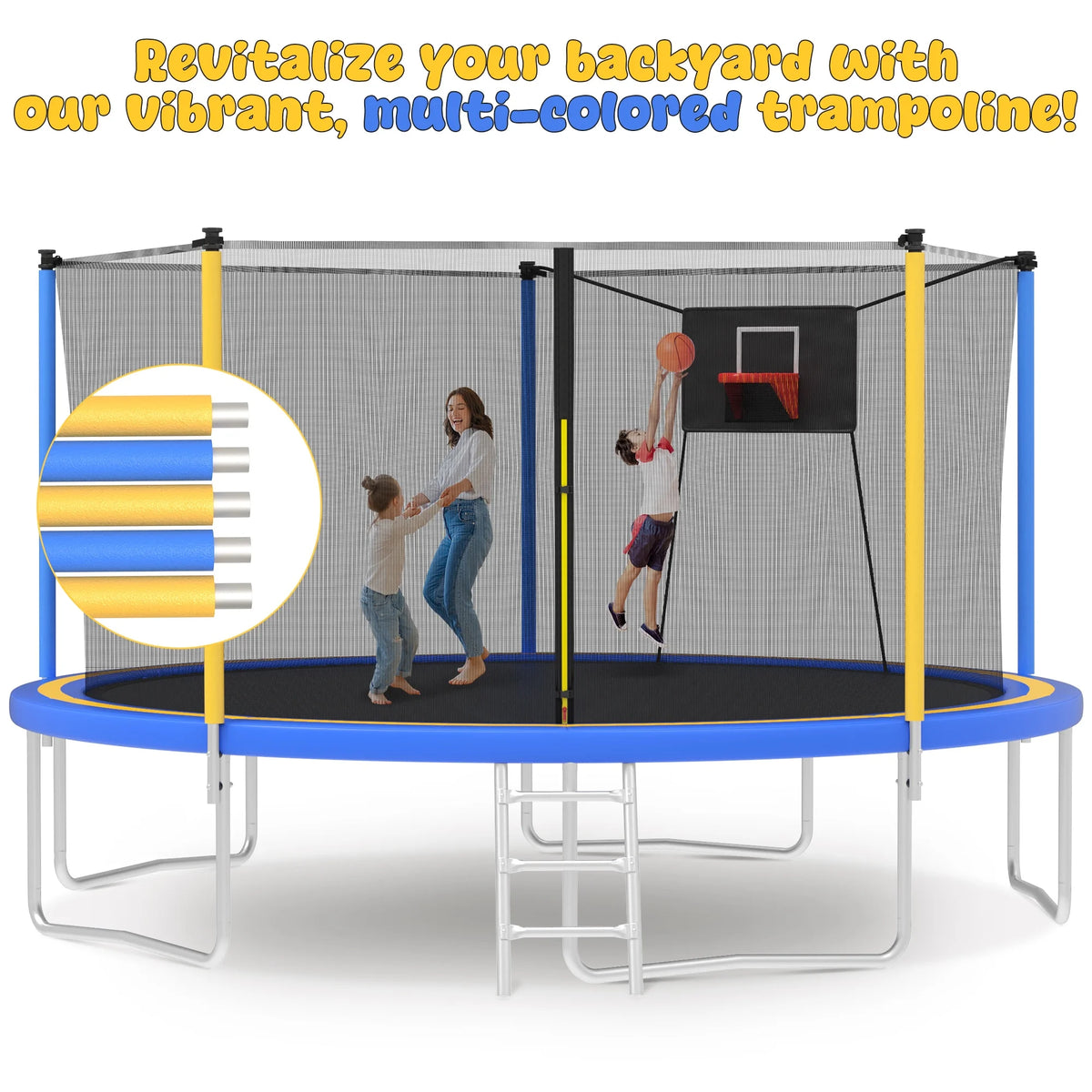 Trampoline with Enclosure, SEGMART Upgraded 14FT Kids Outdoor Trampoline with Basketball Hoop and Ladder, Heavy Duty Round Trampoline for Indoor Outdoor Backyard