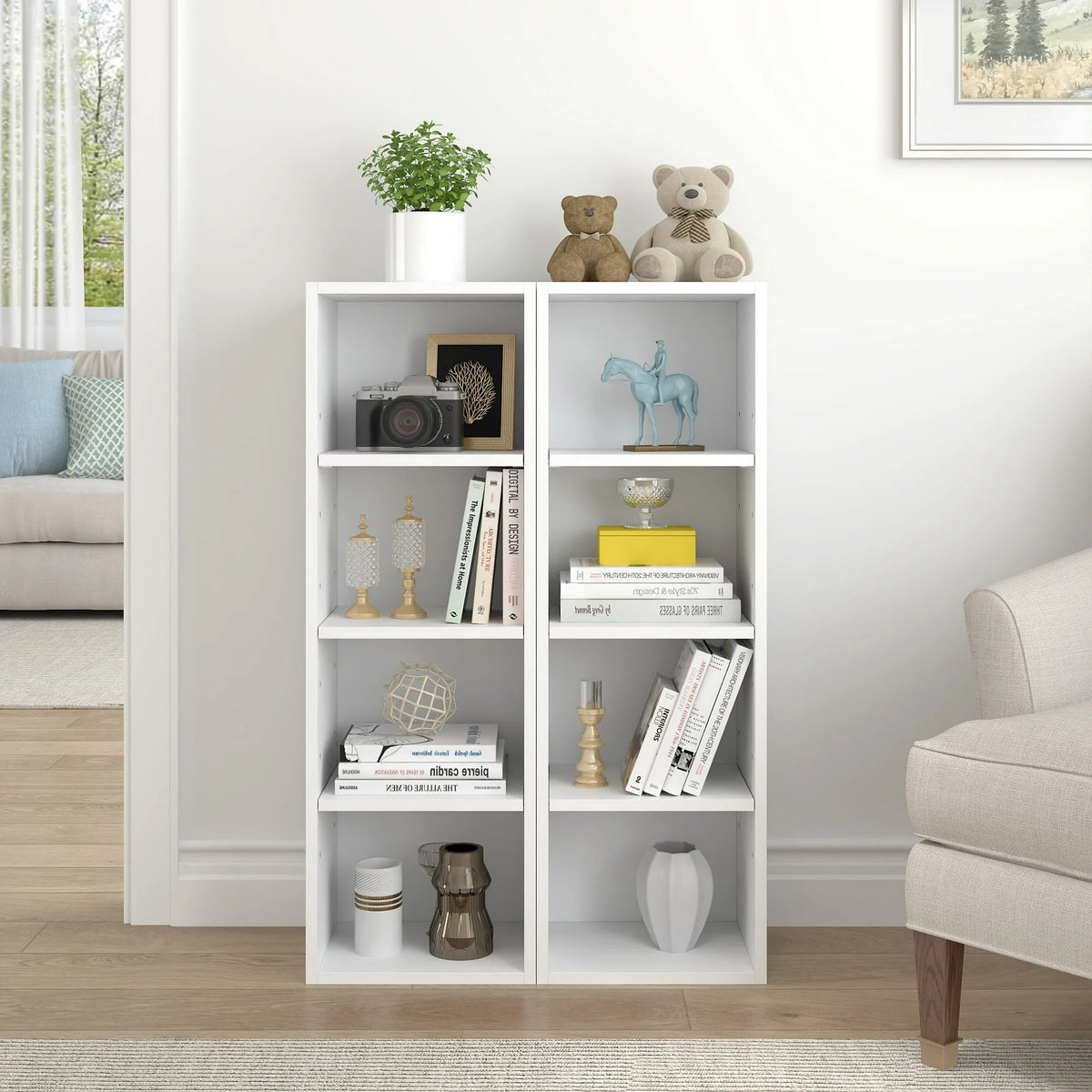 PORKISS 8-Tier White Bookshelf, Wood Open Display Bookshelf with Adjustable Shelves, Tall Narrow Bookcase with Slim Storage, Modern Media Tower Rack for Living Room, Home Office