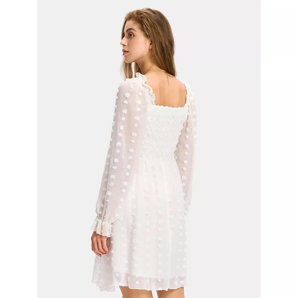 EXLURA Women's 2025 Summer Long Sleeve Party Swiss Dot Dress Smocked Ruffle Cocktail Mini Dresses