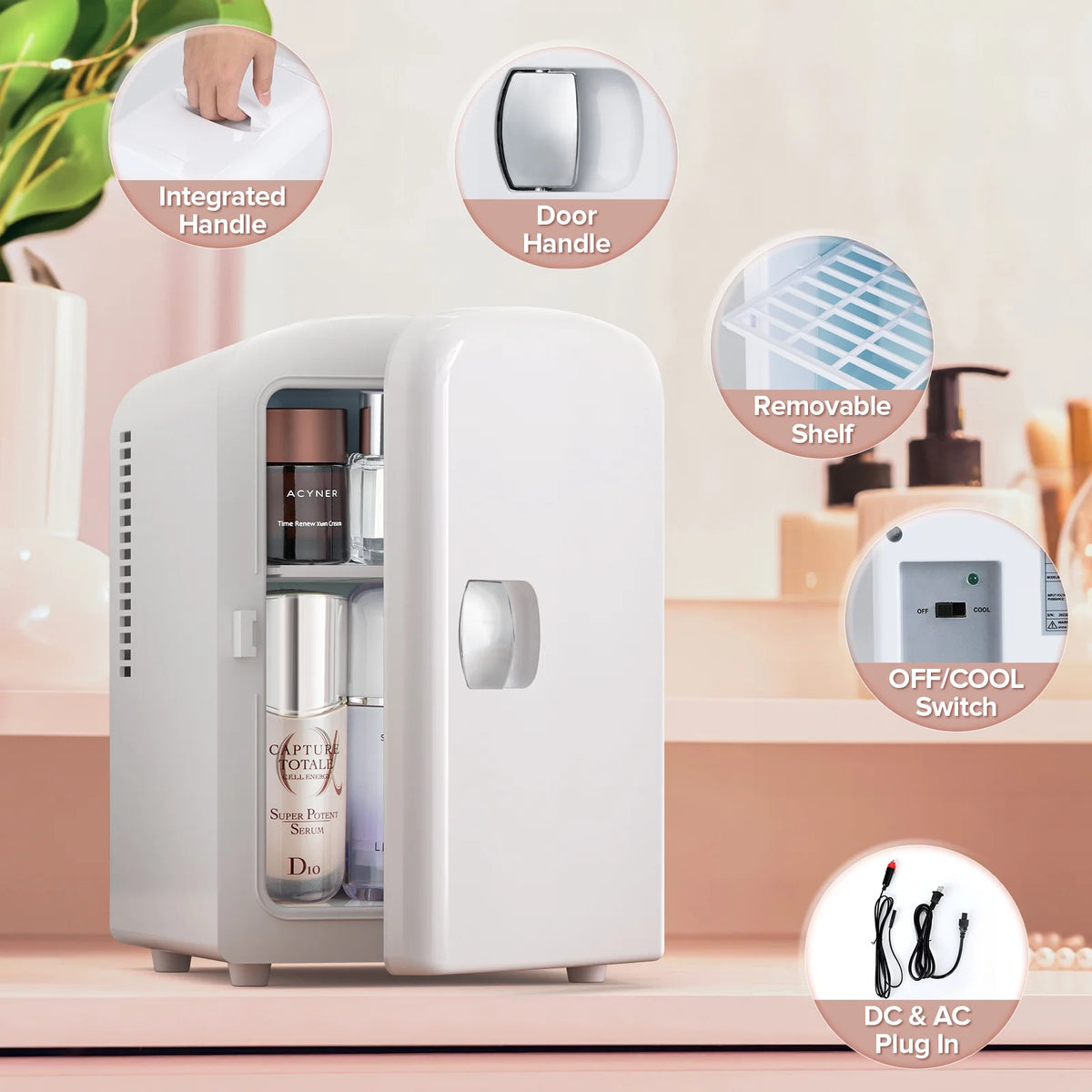 Auseo Mini Refrigerator and Personal Beauty Fridge, Freon-Free & Eco Friendly, Includes Plugs for Home Outlet & DC Charger, 4 Liter, White