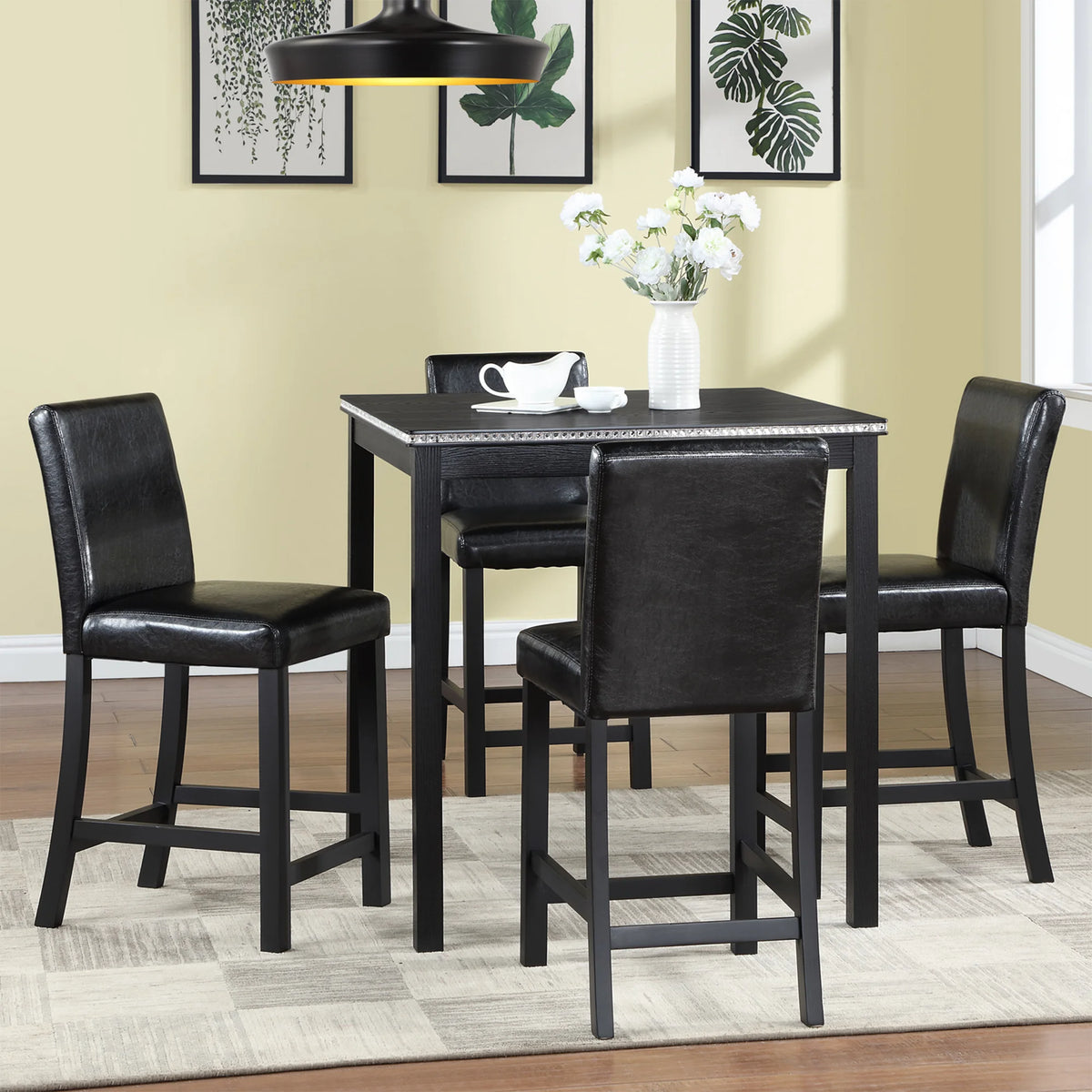 PAPROOS 5 Piece Counter Height Dining Table Set, Wooden Dining Room Table Set with Square Table and 4 Upholstered Chairs, Modern Kitchen Table with Crystal Decoration and Chair Set for 4, Black