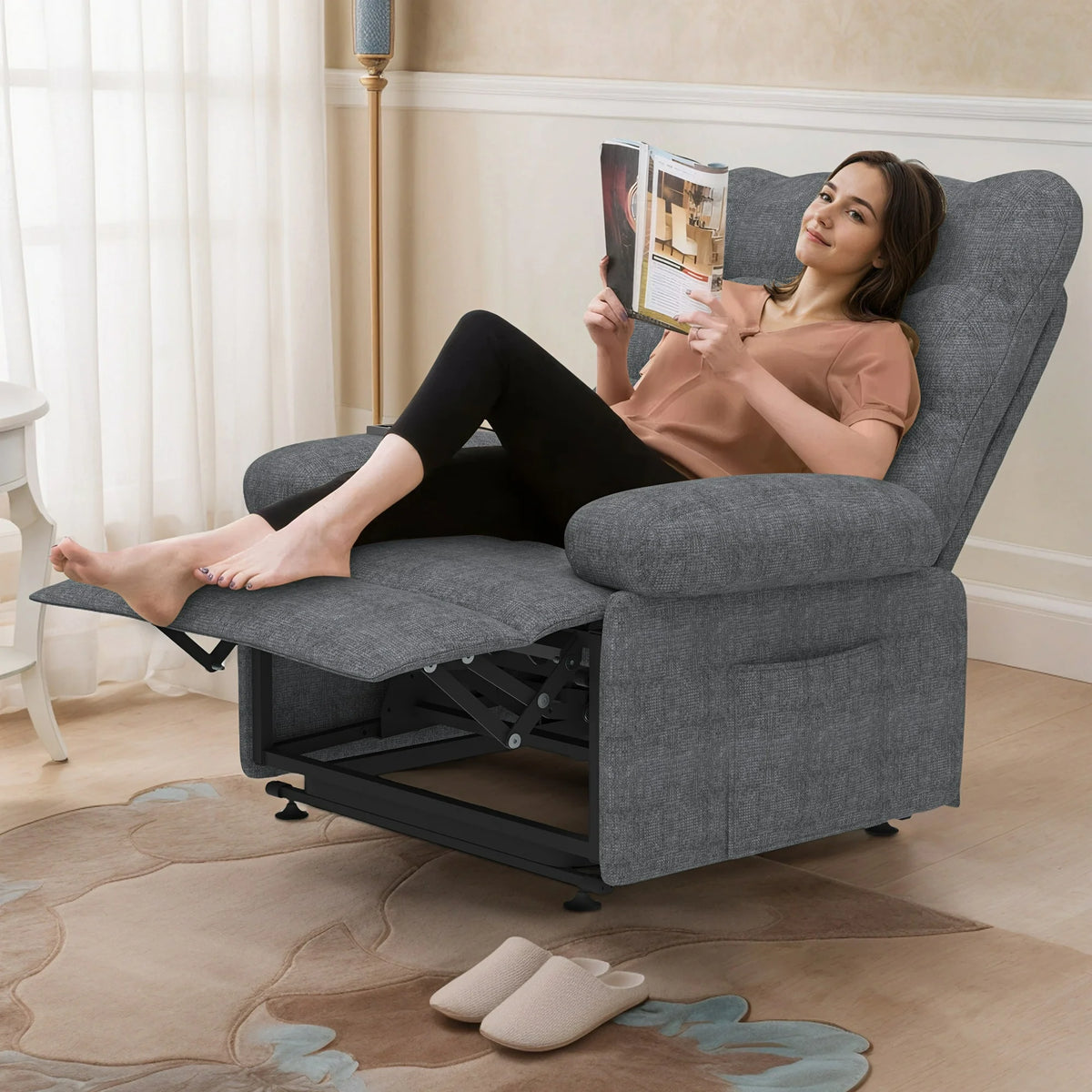 Paproos Power Lift Recliner Chair, Recliners with Side Pocket for Living Room Home Theater, Single Electric Sofa with Remote Control for Elderly and Adults, Ergonomic Lounge Recliner Chair, Gray