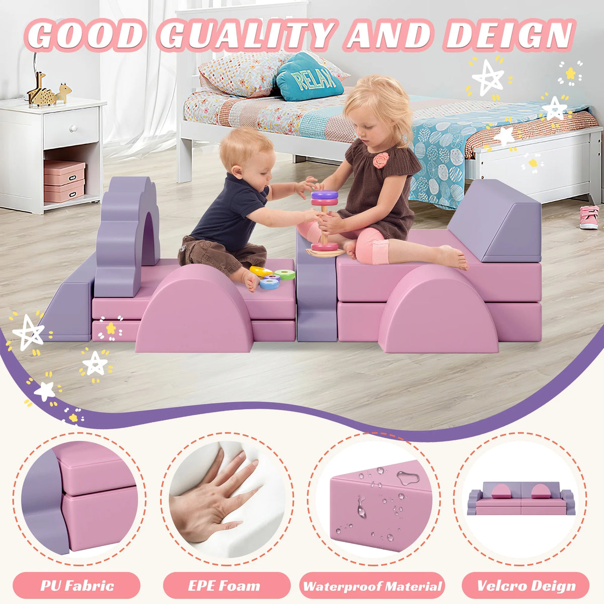 Sesslife 10 PCS Modular Kids Play Couch, Toddler Sofa Couch for Crawl Foam Play, Climbing Blocks Convertible Sofa, Modern Nugget Couch for Toddlers, Infant, Kids, Per-School, Pink