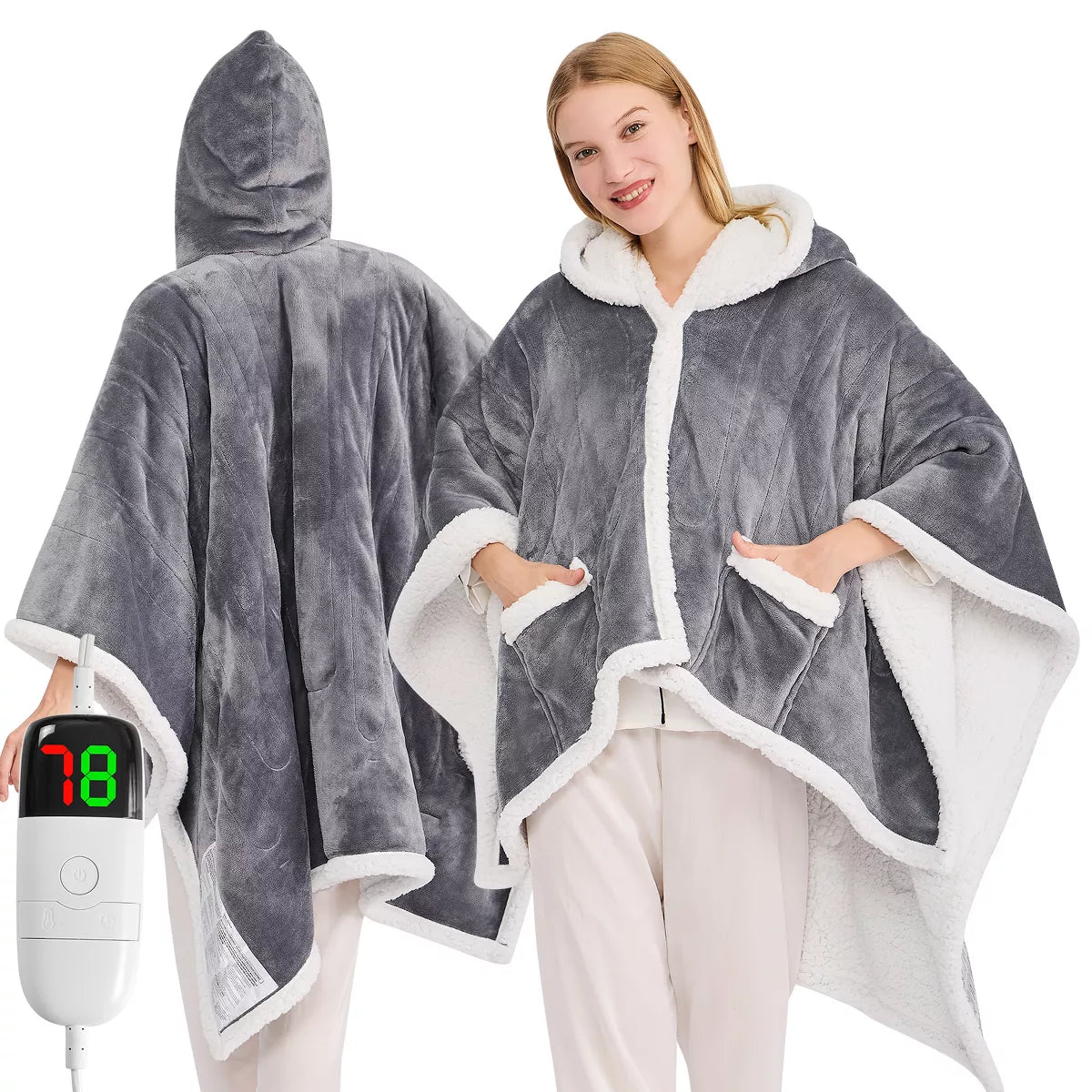 Inhand Wearable Heated Throw Blanket Shawl - 50"x60" Flannel Electric Robe Blanket Hoodie for Winter 5-Position Timer 10 Heating Levels
