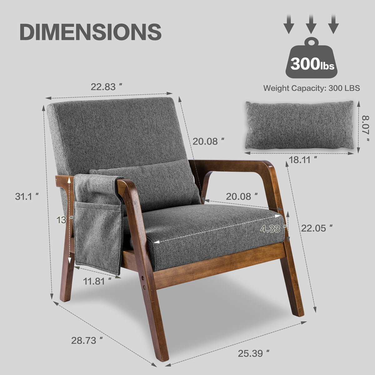 spanspace Modern Accent Chair, Linen Fabric Arm Chair with Wood Frame and Pillow, Upholstered Armchair Comfort Reading Chair Lounge Chair for Living Room Bedroom, Grey