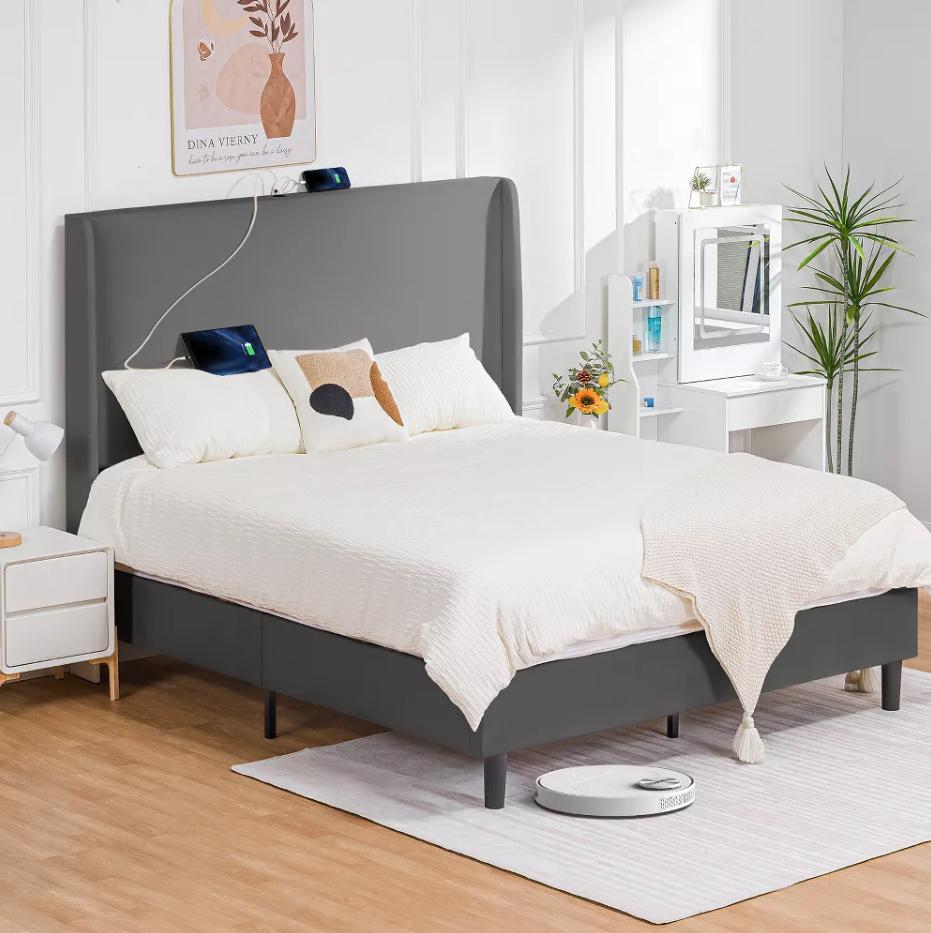 COMHOMA Bed Frame with Type-C USB, 51 High Headboard Tall, Wood Slat Support