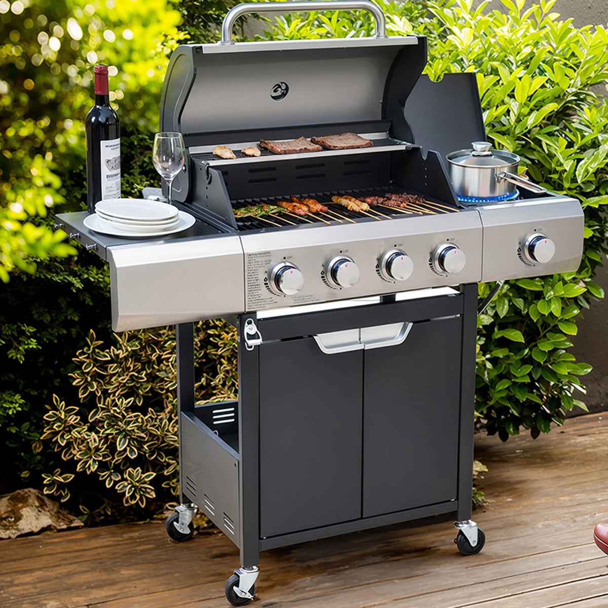 4-Burner Propane Grill Griddle Combo, 51,000BTU Gas Grill w/Side Burner for Outdoor BBQ Camping, Stainless Steel Portable Grills Outdoor Cooking W/Enameled Cast Iron Griddle