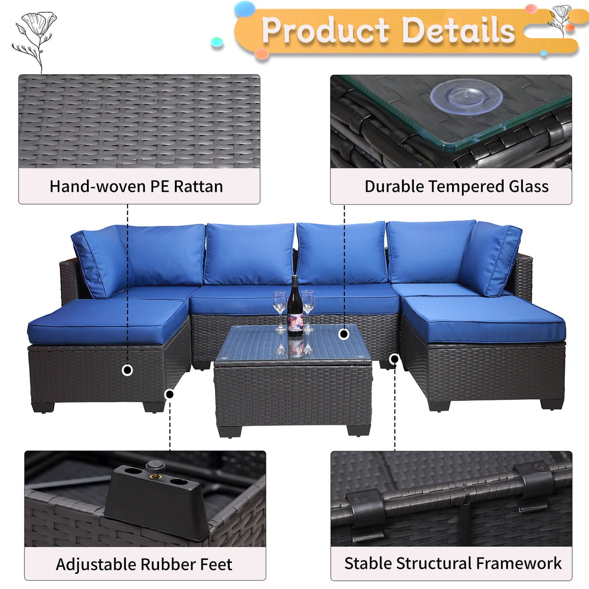 SEGMART Outdoor Patio Conversation Sofa Set, 7PCS Patio Patio Furniture Sets with Coffee Table, All-Weather Wicker Sofa for Patio & Garden w/2 Pillows, Black Wicker + Blue Cushion
